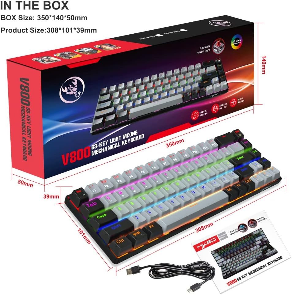 New HXSJ 68-key blue axis red axis mechanical Gaming keyboard dual color RGB multiple backlight key line separation game keyboard