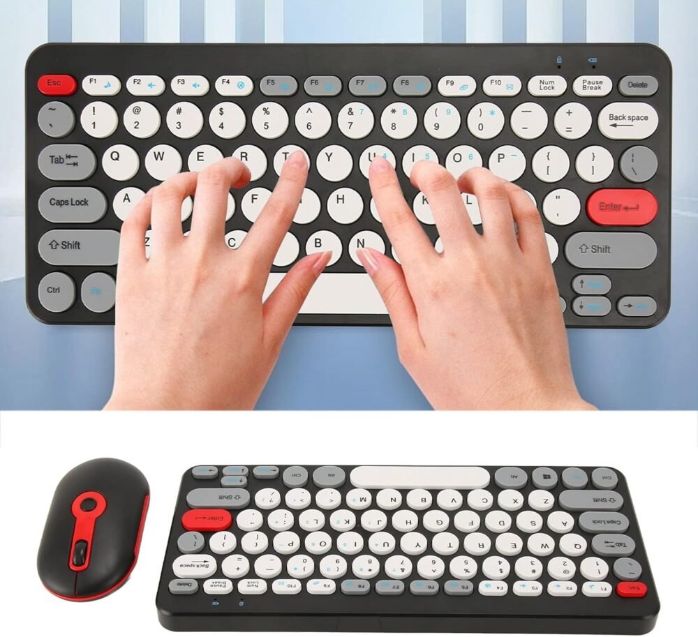 71dVhAyDr5L._AC_SL1500_ Wireless Keyboard Mouse Set HK09 Mini Office Elegance Retro Chic 2.4G Antique Circle Keypad Cute Round Hat Girl Combo (Black)