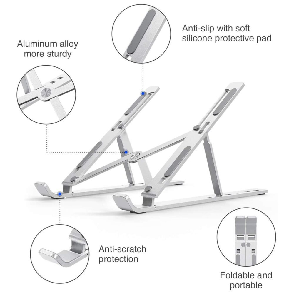 laptop stand 02 Portable Laptop Stand, Aluminum Alloy, Adjustable MacBook Stand for Desk Compatible with 10-16 inch Laptop and Tablets, such as MacBook Air, Pro, iPad Air, Pro, HP, Lenovo ThinkPad, Dell, Acer
