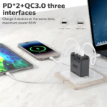 MEEGOO 65W 3-Port GAN Fast Charger PD*2+QC3.0 Foldable Plug Pin for Mobile Laptop TISI STANDARD