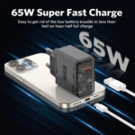 MEEGOO 65W 3-Port GAN Fast Charger PD*2+QC3.0 Foldable Plug Pin for Mobile Laptop TISI STANDARD