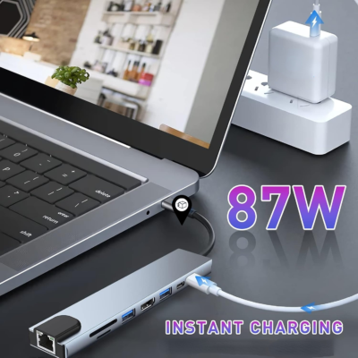 USB C 8 in 1 Hub 4K HDMI USB 3.0 SD Card Reader RJ45 Multi Adapter for PC Laptop Macbook Pro Converter